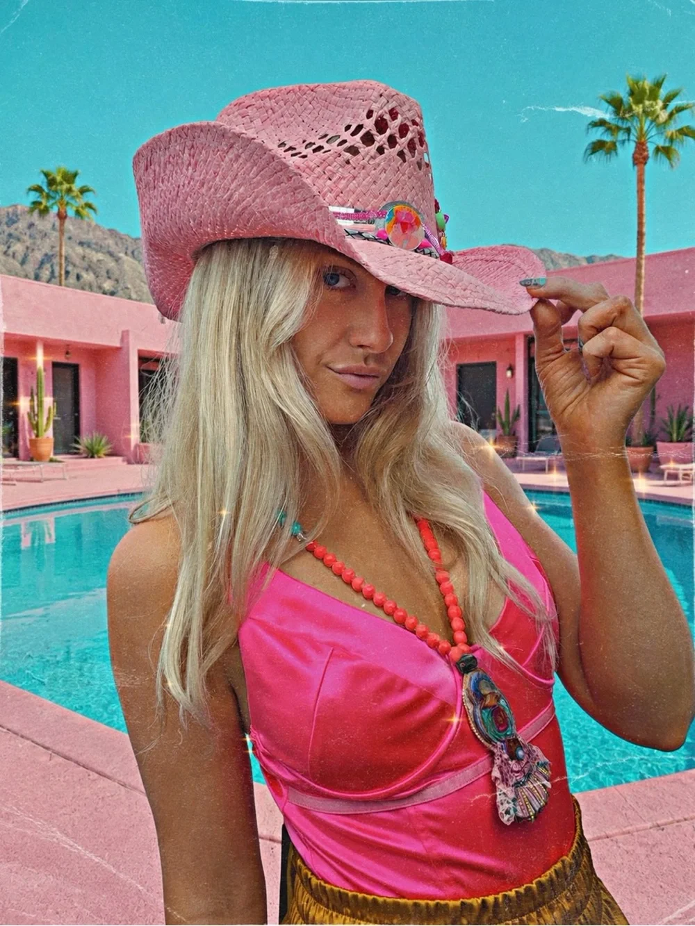 Pink Straw Cowboy Hat with Decorative Band